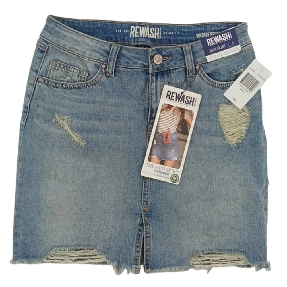 Rewash Womens Denim Mini Skirt Distressed Raw Hem Light Wash Size 3